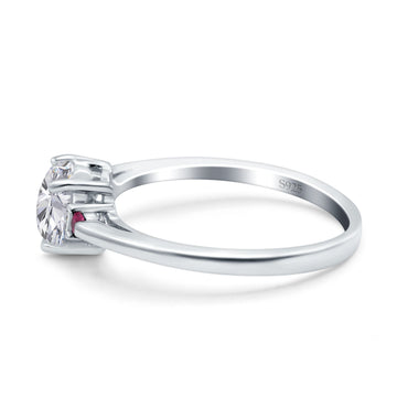 Art Deco Heart Three Stone Wedding Bridal Ring Round Ruby Simulated Cubic Zirconia 925 Sterling Silver